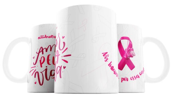 Caneca Personalizada Campanha Outubro Rosa Lettering Ilustrativo Rosa E Branco
